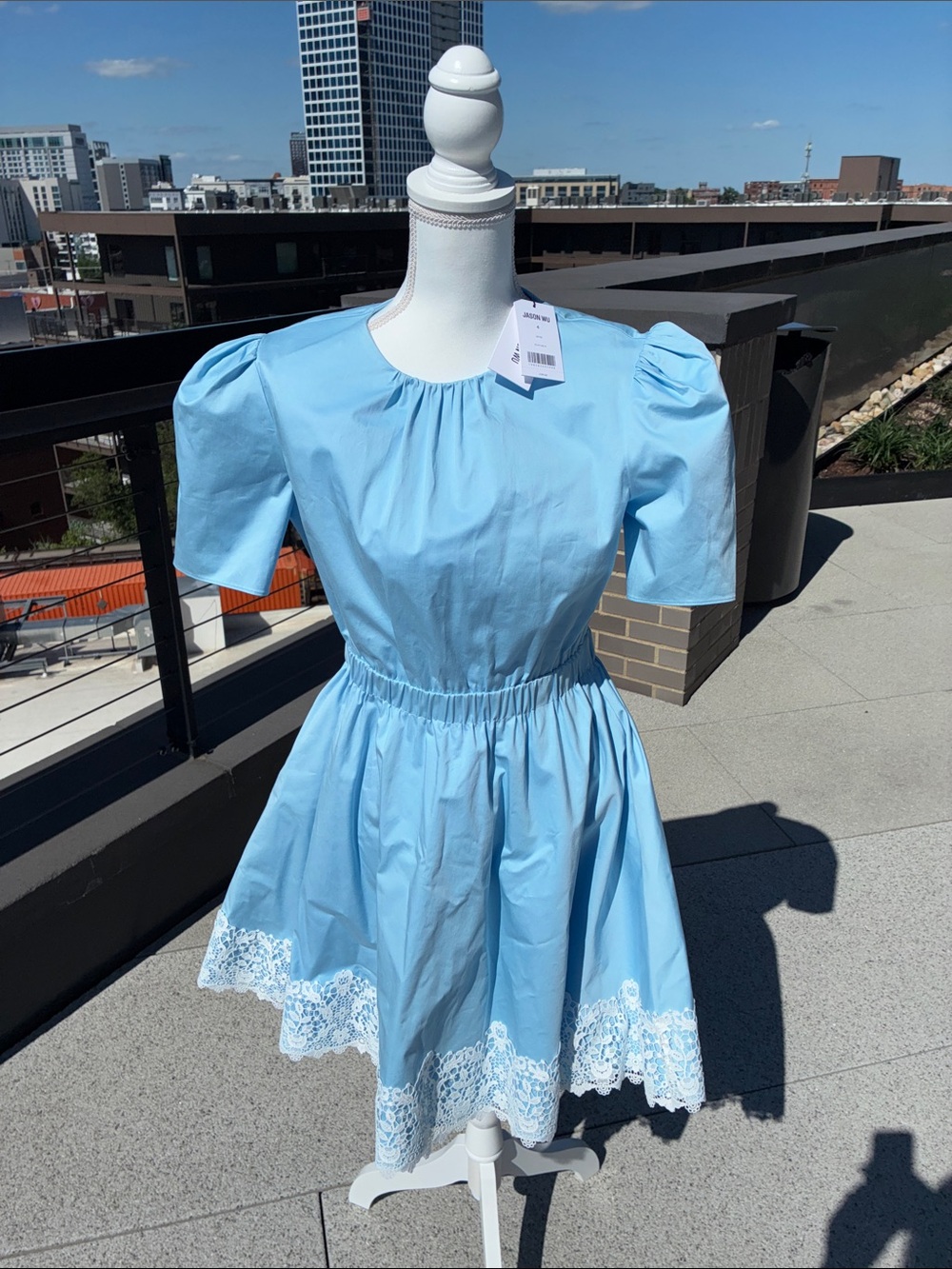 Jason Wu Light Blue Puff-Sleeve Cotton Dress with White Lace Hem